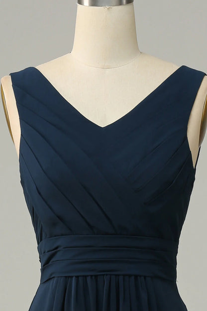 Navy Blue V-neck Sleeveless A-line Bridesmaid Dress