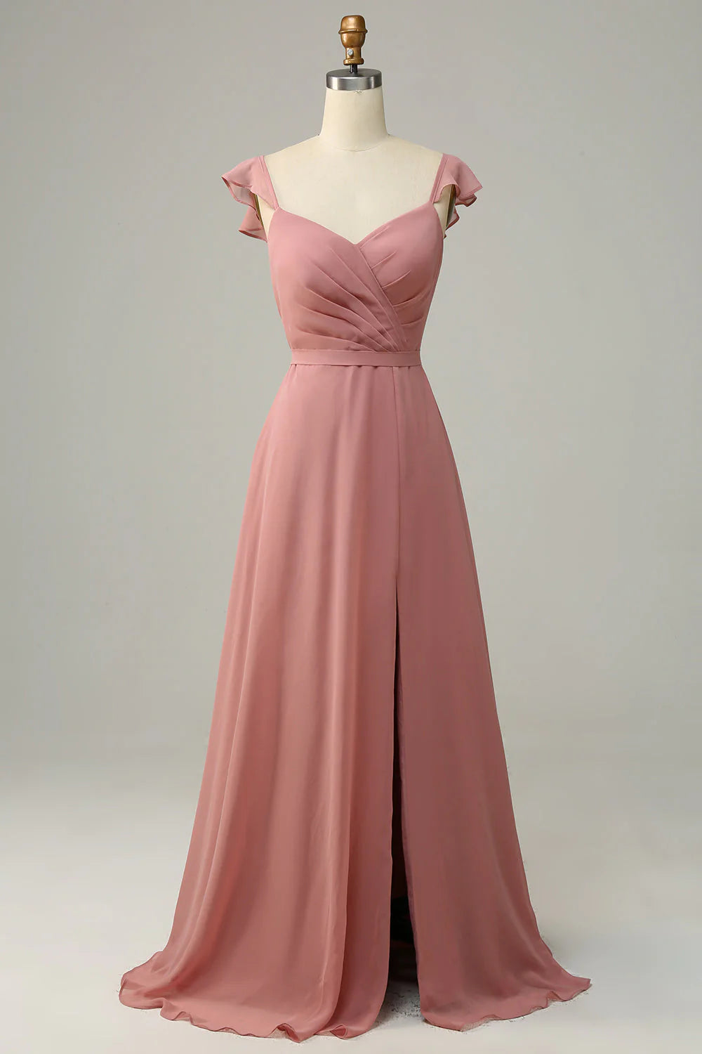 Dusty Rose A Line Ruffles Long Chiffon Bridesmaid Dress With Slit