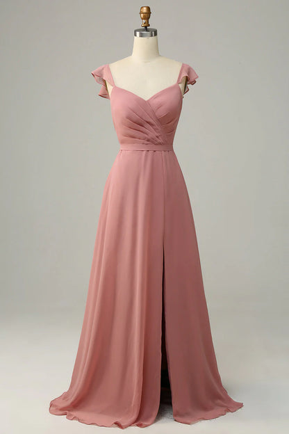 Dusty Rose A Line Ruffles Long Chiffon Bridesmaid Dress With Slit