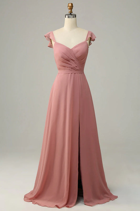 Dusty Rose A Line Ruffles Long Chiffon Bridesmaid Dress With Slit