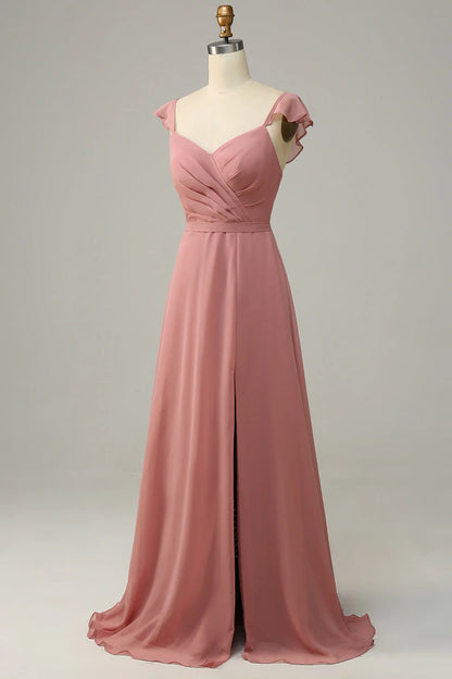 Dusty Rose A-line ruffled slit long bridesmaid dress