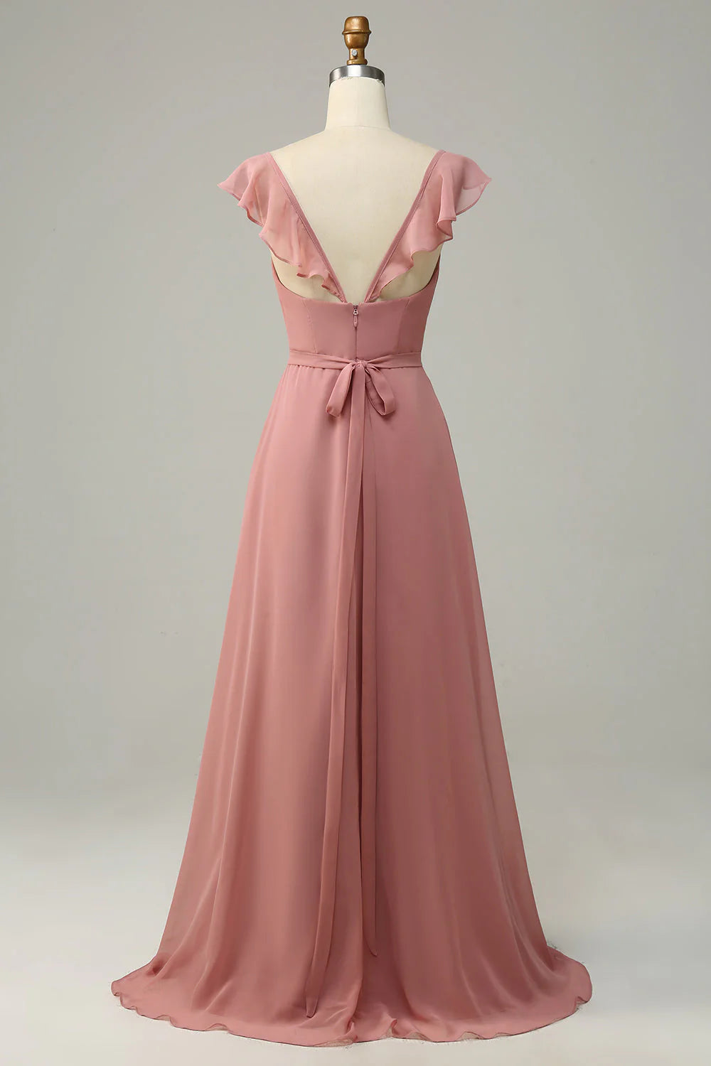 Dusty Rose A Line Ruffles Long Chiffon Bridesmaid Dress With Slit