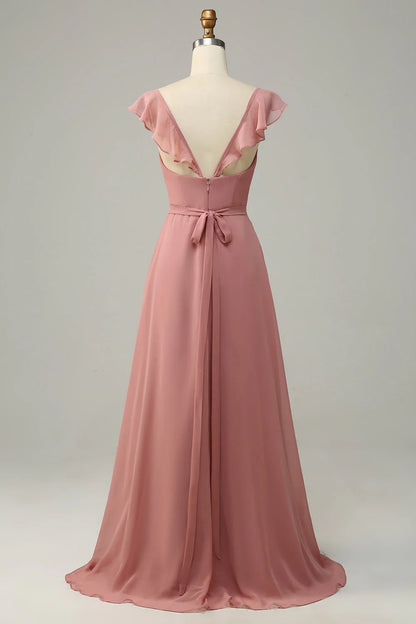 Dusty Rose A Line Ruffles Long Chiffon Bridesmaid Dress With Slit