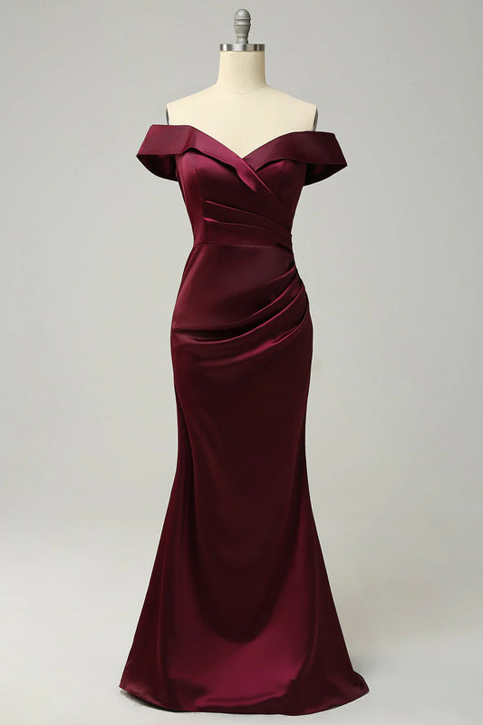 Wine red off the shoulder tight long bridesmaid dress