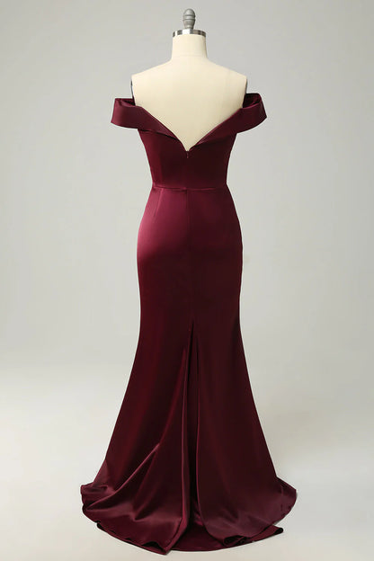 Wine red off the shoulder tight long bridesmaid dress