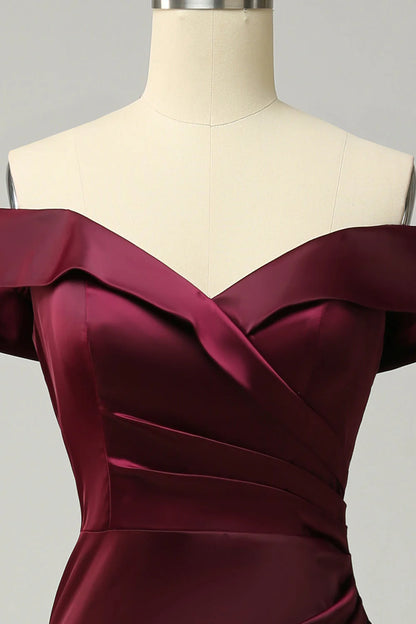 Wine red off the shoulder tight long bridesmaid dress