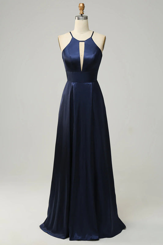 Navy Blue Hanging Neck Satin Open Back Long Bridesmaid Dress