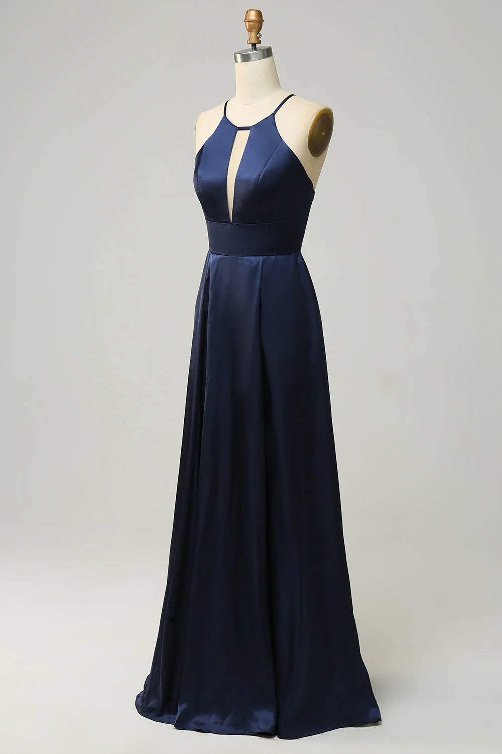 Navy Blue Hanging Neck Satin Open Back Long Bridesmaid Dress