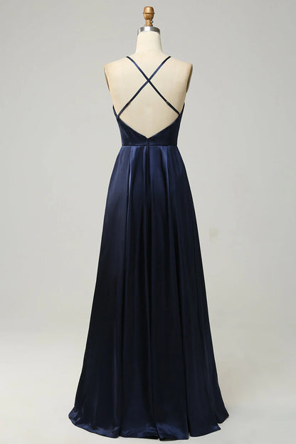 Navy Blue Hanging Neck Satin Open Back Long Bridesmaid Dress