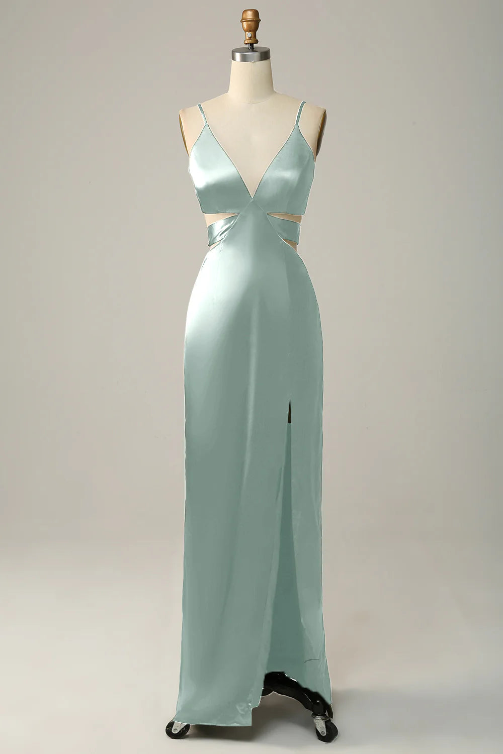 Fine shoulder strap eucalyptus V-neck bridesmaid dress