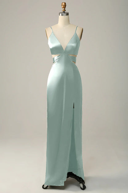 Fine shoulder strap eucalyptus V-neck bridesmaid dress