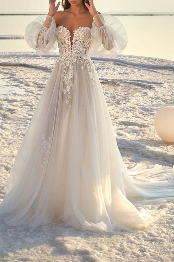 Beach formal wedding dress court trailing A-line lace sticker long sleeved summer bride dress