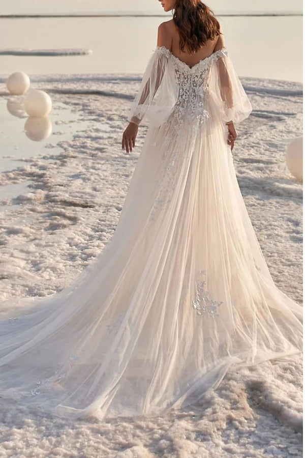 Beach formal wedding dress court trailing A-line lace sticker long sleeved summer bride dress