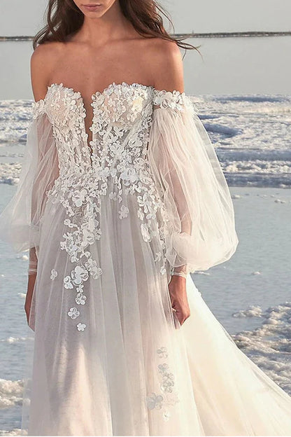 Beach formal wedding dress court trailing A-line lace sticker long sleeved summer bride dress