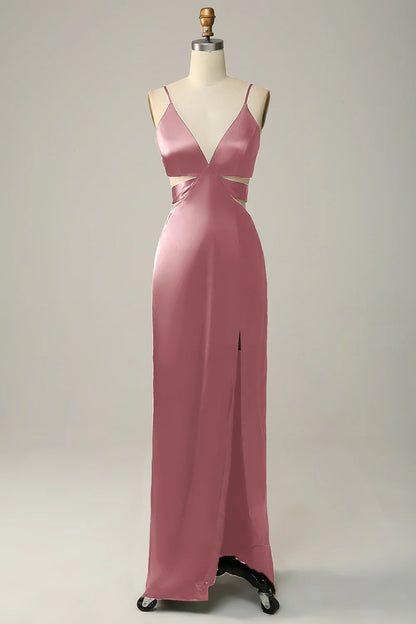 Fine shoulder strap eucalyptus V-neck bridesmaid dress