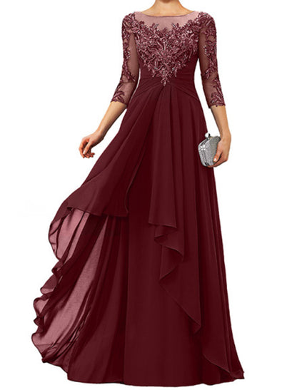 Sheath / Column Mother of the Bride Dress Elegant Jewel Neck Floor Length Chiffon Lace 3/4 Length Sleeve with Appliques