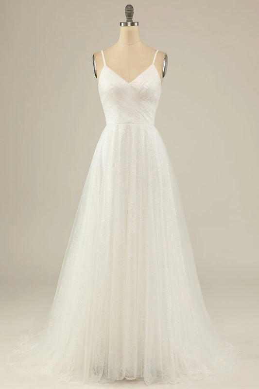 A Line thin shoulder strap off the shoulder white sheer backless and ground length wedding dress