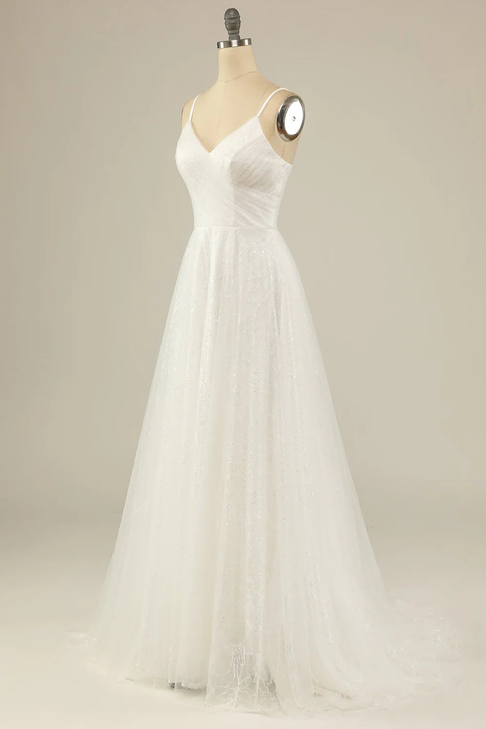 A Line thin shoulder strap off the shoulder white sheer backless and ground length wedding dress