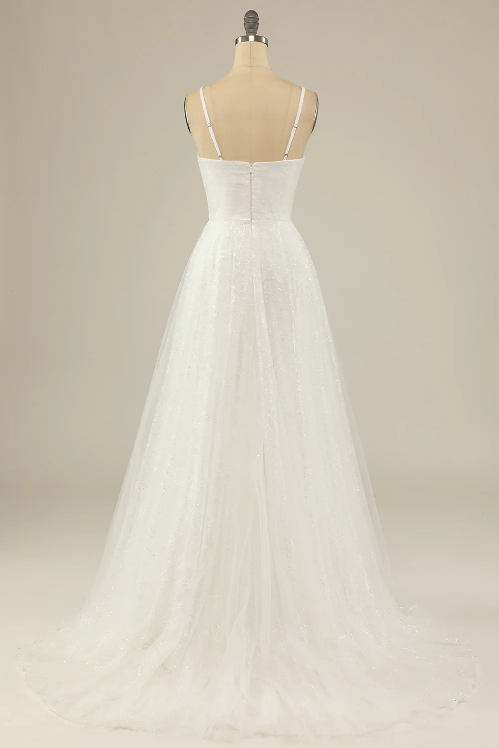 A Line thin shoulder strap off the shoulder white sheer backless and ground length wedding dress