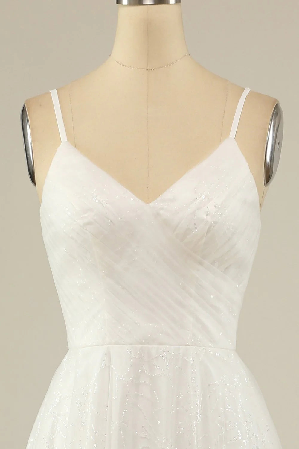 A Line thin shoulder strap off the shoulder white sheer backless and ground length wedding dress