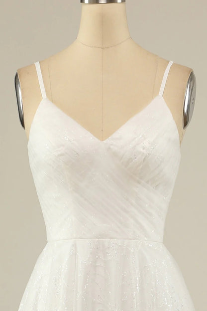 A Line thin shoulder strap off the shoulder white sheer backless and ground length wedding dress