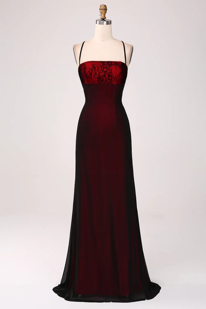 Black and red tight thin shoulder strap backless and floor length bridesmaid dress