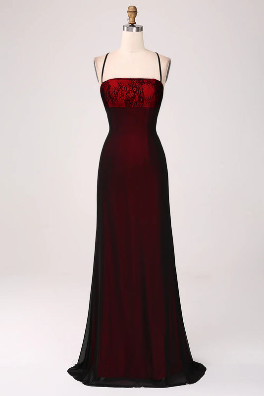 Black and red tight thin shoulder strap backless and floor length bridesmaid dress