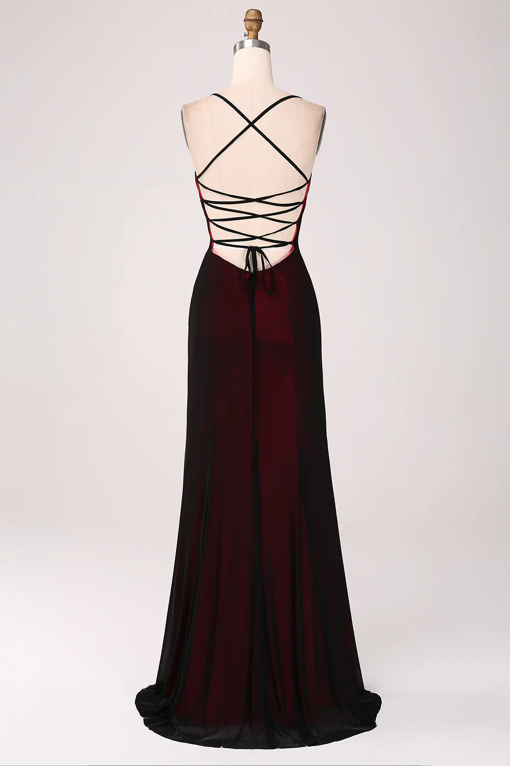 Black and red tight thin shoulder strap backless and floor length bridesmaid dress