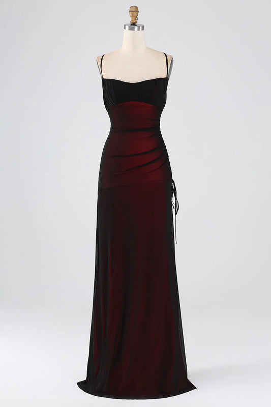 Thin shoulder strap black red ground length bridesmaid dress