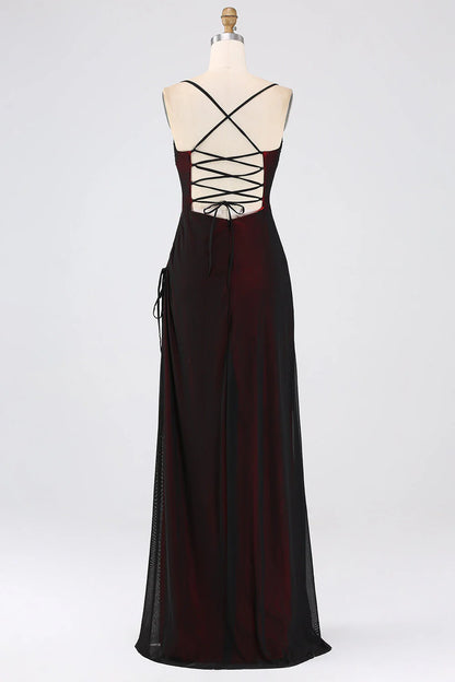 Thin shoulder strap black red ground length bridesmaid dress