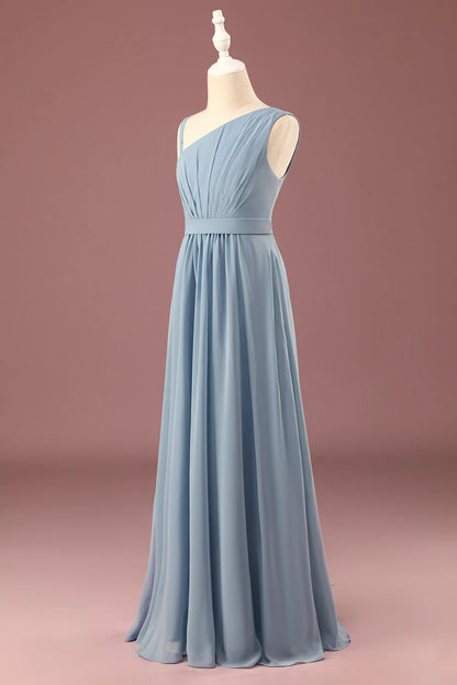 Grey blue one shoulder A-line chiffon pleated and ground length bridesmaid dress