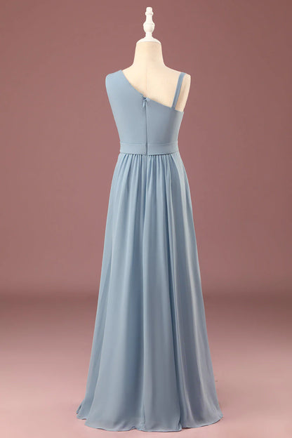 Grey blue one shoulder A-line chiffon pleated and ground length bridesmaid dress