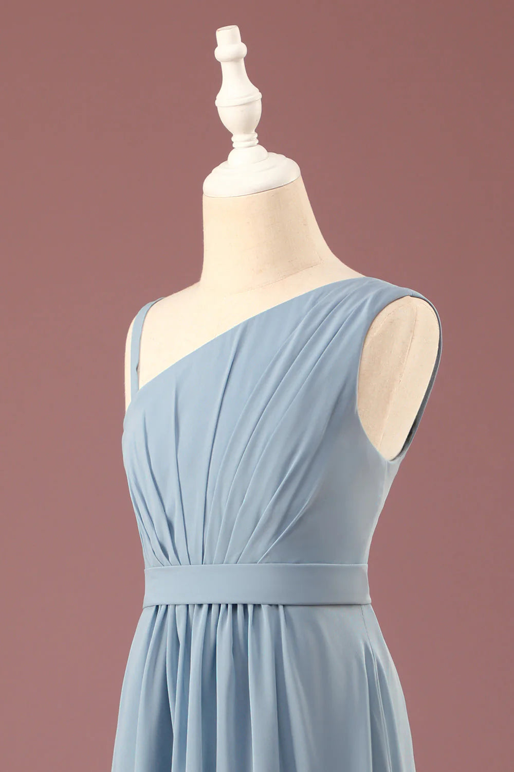 Grey blue one shoulder A-line chiffon pleated and ground length bridesmaid dress