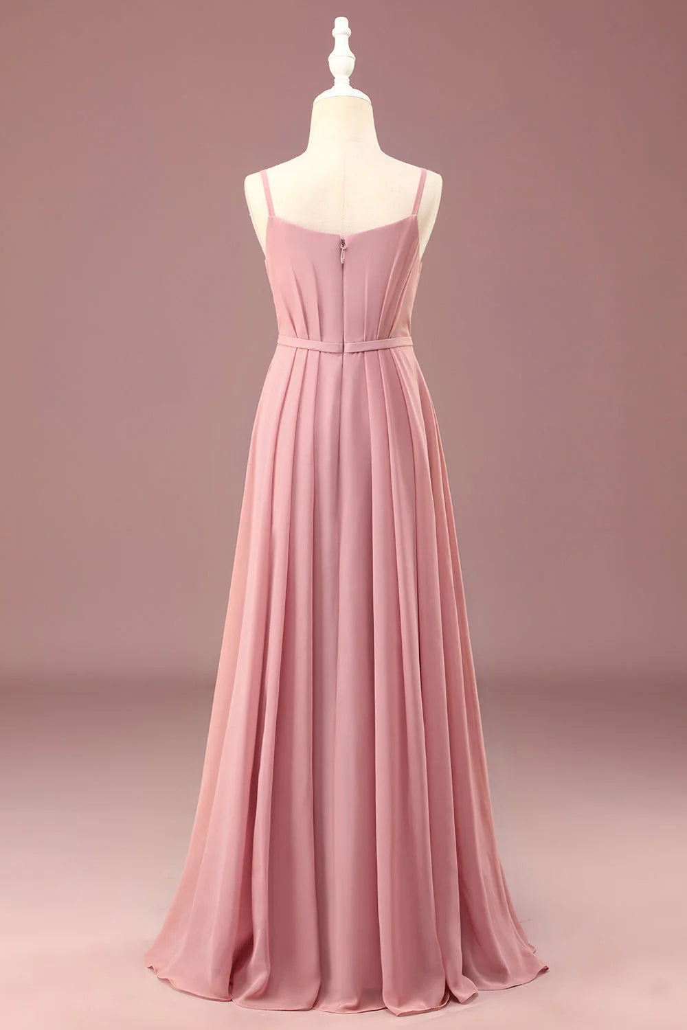 Grey Rose A-line Chiffon Thin Shoulder Strap Long Pleated Junior High School Bridesmaid Dress