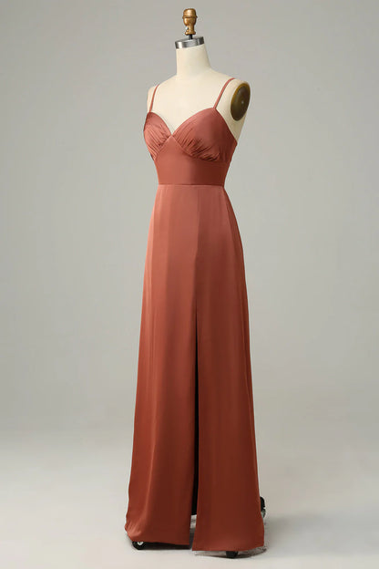 Brick red tight fitting thin shoulder strap slit satin bridesmaid dress