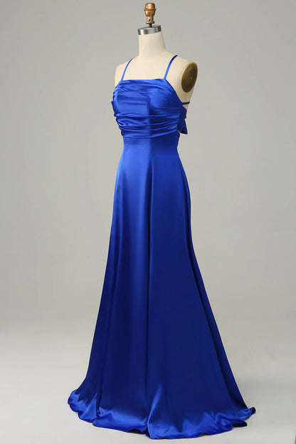 Treasure Blue Hanging Neck A-line Long Bridesmaid Dress