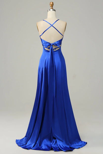 Treasure Blue Hanging Neck A-line Long Bridesmaid Dress