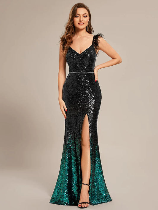 Custom Size Sequin Feather Lace-Up Mermaid Prom Dresses