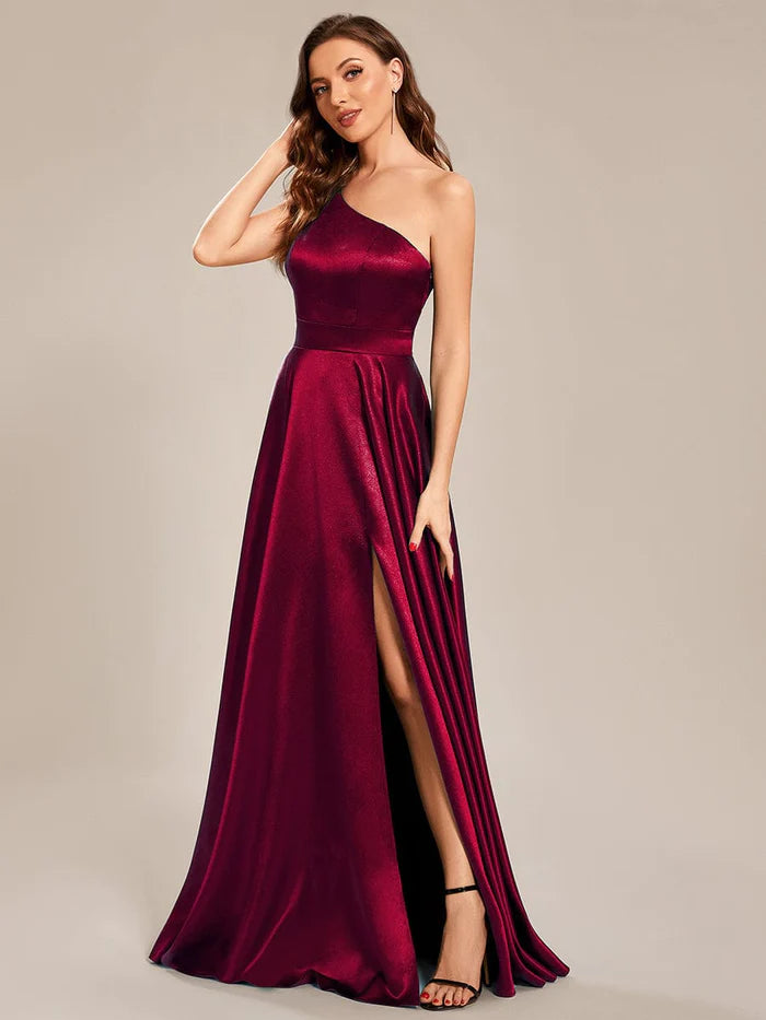 Custom Size One Shoulder Long Empire Waist Satin Prom Dress