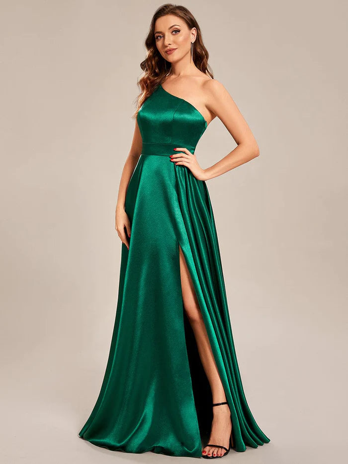 Custom Size One Shoulder Long Empire Waist Satin Prom Dress