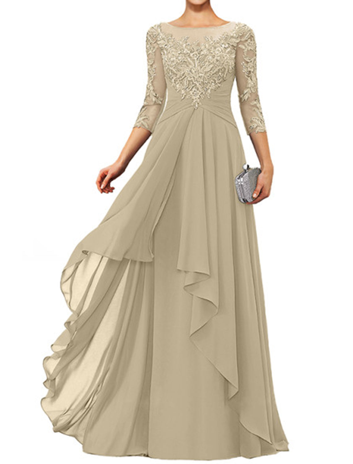 Sheath / Column Mother of the Bride Dress Elegant Jewel Neck Floor Length Chiffon Lace 3/4 Length Sleeve with Appliques