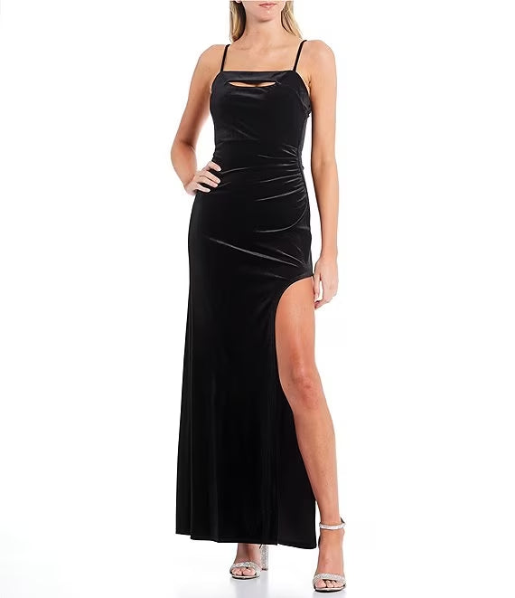 Velvet front hollowed out side slits with long prom dress