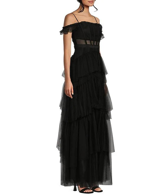 Thin shoulder strap with off shoulder layered ruffle edge length prom dress