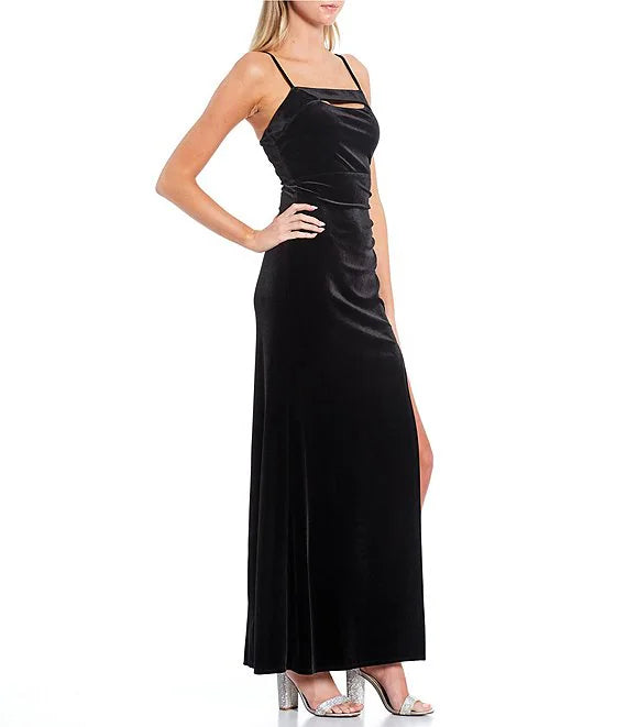 Velvet front hollowed out side slits with long prom dress