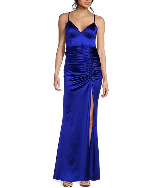 Thin shoulder strap V-neck pleated slit silk long prom dress