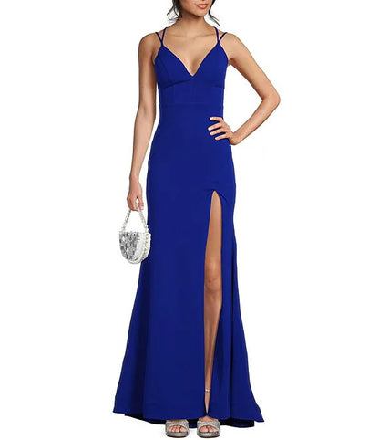 V-neck strap with front slit and long evening dress