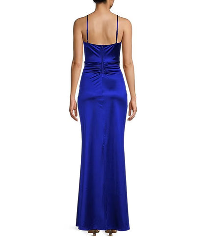 Thin shoulder strap V-neck pleated slit silk long prom dress