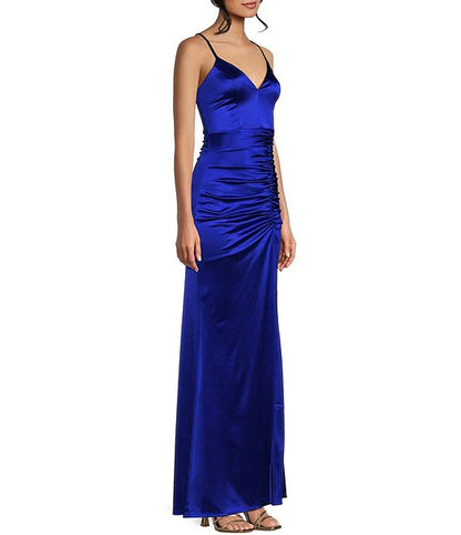 Thin shoulder strap V-neck pleated slit silk long prom dress