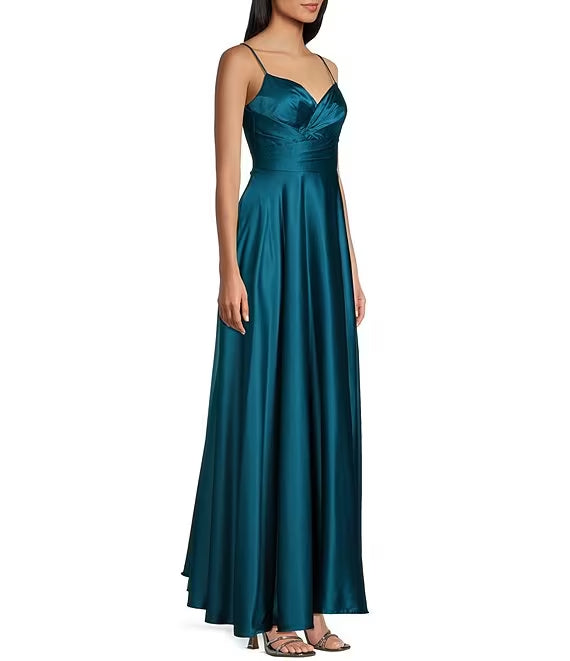 Sweetheart neck thin shoulder strap pleated waist belt front slit prom dress