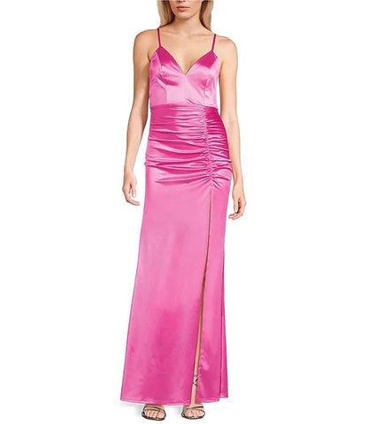 Thin shoulder strap V-neck pleated slit silk long prom dress